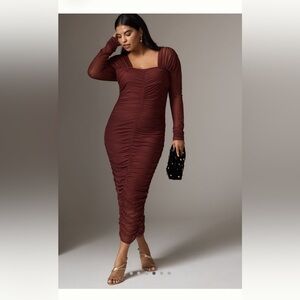 By Anthropologie Ruched Long Sleeve Midi Dress in Deep Burgundy